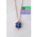 Jewelmim Gümüş Yonca Kolye Dört 4 Yapraklı Yonca Kolye Mavi Taşlı Yoncalı Kolye (Rose)