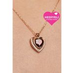 Jewelmim Kadın Kalp Kolye Kırmızı Taşlı Kalp Kolye 925 Ayar Gümüş Kalp Kolye