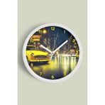 JHAAR Klasik Araba Ve Gece Şehir Modern Duvar Saati - 25cm - Önü Camlı Beyaz Kasa - 25 x 25 cm