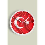 JHAAR Türk Bayrağı Temalı Dekoratif Modern Duvar Saati - 30cm - Önü Camlı Beyaz Kasa - 30 x 30 cm