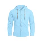 JHDESSLY Erkek pamuk keten kapşonlu gömlek, uzun kollu nefes düz renk düğme rahat hırka ceket kadar, mavi (Light Blue), XL