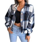JHDESSLY Kadın Ekose Fener Uzun Kollu Yün Ceket Kaban Uzun Kollu Gömlekler Ceketler Dış Giyim Kaban, style3, XL