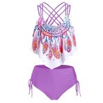 JHDESSLY Kadın Iki Parçalı Fırfır Karın Kontrolü Bikini Seti Tüy Baskı Backless Yüksek Bel İpli Mayo Tankini, Mor, M