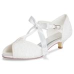JIAIIA 0001139 69 Fildişi Peep Toe T-Strap 1.8 inç Blok Düşük Topuk Dantel Saten Topuklu Ayakkabı