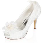 JIAIIA 15481 Peep Toe 4.1 inç Stiletto Yüksek Topuk Dantel Saten İnciler Platform Fildişi Topuklu Ayakkabı
