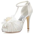JIAIIA 154813 Peep Toe 4.1 inç Yüksek Topuk Dantel Saten Çiçek Düğün Fildişi Topuklu Ayakkabı