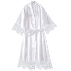 Jinlaili Dantelli nakışlı gelin bornozu, ipeksi saten bornoz, gecelik, dantel, kadın kimono dantel bornoz, saten bornoz, düğün, parti için, Beyaz, M