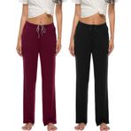 JINSHI Kadın pijama pantolonu, uzun pijama pantolonu, yumuşak modal gecelik, boş zaman pantolonu, Şarap kırmızısı + kırmızımsı gri, L