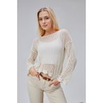 Jinx Wear Fashion Dantelli Kayık Yaka File Örgü Pamuklu Bolero Delikli Ajurlu Triko Bluz Kazak - Krem - Standart