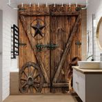 Jipusai Texas Star Western Ahır Kapısı Duş Perdesi Setleri, Ahır Kabini için, Kovboy Şapkası Botları Tekerlek RV Banyo Perdesi, Vintage Rustik Ahşap Tahta Çiftlik Evi Dekor Perde Kancalı 47 x 64 inç