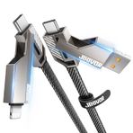 Jixivor One is enough 4-in-1 USB C to Lightning Kablosu, 60W Yüksek Hızlı Şarj ve Hızlı Veri Aktarımı, CarPlay ve Android Otomatik Destek Çoklu Şarj Kablosu Combo Yıldırım/Tip C/USB A iPhone iPad Samsung-5FT