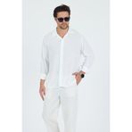 jjtech Oversize Mevsimlik Keten Dokulu Bol Kalıp Uzun Kollu Rahat Kullanım Erkek Beyaz Gömlek