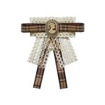JKQBUX Fransız retro şerit papyon broş pimleri kadınlar kızlar için kahverengi ekose üniforma önceden bağlı ilmek korsaj parti töreni aksesuarları, 8 * 10cm, Alüminyum, İnci
