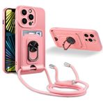JMstore Cep telefonu zinciri koruyucu kılıf iPhone 14 Pro ile uyumlu, 360° halka standı manyetik demir sac + kart bölmesi kamera koruması darbeye dayanıklı silikon kılıf pembe
