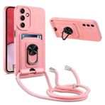 JMstore Cep telefonu zinciri koruyucu kılıf Samsung Galaxy A14 5G ile uyumlu, 360° halka stant, manyetik demir sac + kart bölmesi, kamera koruması, darbeye dayanıklı silikon kılıf, pembe