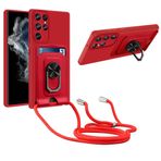 JMstore Cep telefonu zinciri koruyucu kılıf Samsung Galaxy S23 Ultra ile uyumlu, 360° halka stant, manyetik demir sac + kart bölmesi, kamera koruması, darbeye dayanıklı silikon kılıf-kırmızı
