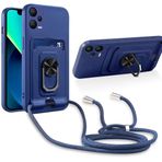 JMstore Xiaomi Poco X5 5G / Redmi Note 12 5G ile Uyumlu Cep Telefonu Zinciri Koruyucu Kılıf, Halka Ayaklı Manyetik Demir Levha+Kart Yuvası Kamera Koruması Silikon Kılıf - Mavi