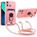 JMstore Xiaomi Redmi 12C/Redmi 11A ile Uyumlu Cep Telefonu Zinciri Koruyucu Kılıf, Halka Ayaklı Manyetik Demir Levha+Kart Yuvası Kamera Koruması Silikon Kılıf - Pembe