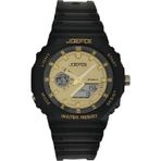 JoeFox Analog Dijital Unisex Kol Saati, Siyah Silikon Kayışlı, Altın Detaylı, Su Dayanıklı