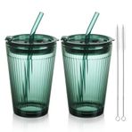 Joeyan Saman ve Kapaklı Cam Bardak,Yeşil Bardaklar Samanlı Su Bardağı,Meyve Suyu İçecekler için Renkli Cam İçme Kavanozları Buzlu Kahve Çay Smoothie Soda Sütü,15oz,2'li Set, Bulaşık Makinesinde