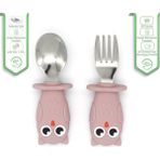 Jojobebek Çocuk Silikon Saplı Paslanmaz Çelik Uçlu Kaşık - Çatal Seti Baykuş Figürlü (Pembe Renk)