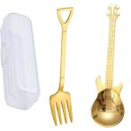 Jojobebek Gold Renk Gitar Tasarımlı Paslanmaz Çelik Kaşık ve Paslanmaz Çelik Çatal + Saklama Kutusu