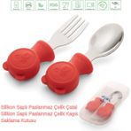 Jojobebek Kırmızı Renk Ayıcık Figürlü Premium Çocuk BPA Free Silikon Sap Paslanmaz Çelik Uçlu Çatal-Kaşık Set ve Saklama Kutusu 9+ Ay