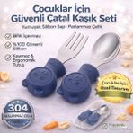 Jojobebek Lacivert Renk Ayıcık Figürlü Premium Çocuk BPA Free Silikon Sap Paslanmaz Çelik Uçlu Çatal-Kaşık Set ve Saklama Kutusu 9+ Ay