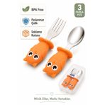 jojobebek Turuncu Baykuş Figürlü Premium Çocuk BPA Free Silikon Sap Paslanmaz Çelik Uçlu Çatal-Kaşık Set 9+ Ay