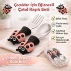 Jojobebek Uğurböceği Premium Çocuk Bpa'sız Silikon Saplı Paslanmaz Çelik Uçlu Çatal-Kaşık/saklama Kutusu 9+Ay - Pembe