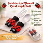 Jojobebek Uğurböceği Premium Çocuk Bpa'sız Silikon Saplı Paslanmaz Çelik Uçlu Çatal-Kaşık/saklama Kutusu - Kırmızı - Siyah