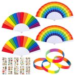 JOKILY 18 adet gökkuşağı yelpaze seti, gökkuşağı katlanır yelpaze, bileklik, geçici dövme, gökkuşağı renkli lastik bantlar, Pride Accessories, LGBT kutlamaları, yaz kutlamaları, kadınlar ve erkekler