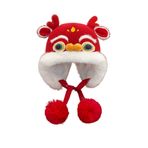Jonesangle Kırmızı Yeni Yıl Eşarp ve Şapka, Kırmızı Aslan Dans Peluş Şapka, Sıcak Kulak Şapkası Kızlar için Uygun, 3red, One Size