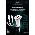Jopus Type-C Kablolu Araç Şarj Aleti Çakmaklık Seti - Type-C + USB Girişli 38W JO-A7