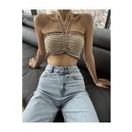 Jose Clothing Kadın Boyundan Bağlamalı Büzgü Detay Straplez Çok Renkli Crop Top Bluz