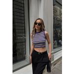 Jose Clothing Kadın Mor Çizgili Bisiklet Yaka Sıfır Kol Crop Bluz