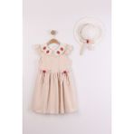 Joy Kids Kız Çocuk Astarlı Şapka Hediyeli Keten Elbise (6-9yaş) (Bej) - 9 Yaş