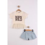 Joy Kids Kız Çocuk Taşlı Leopar Detaylı 3'lü Takım (Ekru-Mavi) (2-5yaş) - 5 Yaş - Ekru - Mavi