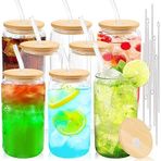 Joyclub Bambu Kapaklı ve Pipetli Cam Bardaklar 8 Set 16oz Yeniden Kullanılabilir Buzlu Kahve Fincanı Bira İçecek Bardakları Smoothie Viski Boba Soda Çay Hediye