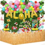 JoyeuVie Hawaiian Aloha Luau Parti Süslemeleri, 151 Adet Tropikal Yaz Plaj Doğum Günü Malzemeleri Çim Masa Etek Asılı Girdap Aloha Balon Çelenk Petek Merkez Ebegümeci Palmiye Yaprakları CakeTopper
