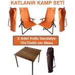 Joyfull Turtle Ahşap Kayın- Katlanır Kamp Kollu Sandalye ve Masa Seti - Koyu Ceviz Iskelet - Turuncu Kılıf - Turuncu Çanta