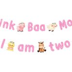 JOYMEMO Pink Oink Baa Moo I am Two Banner - Çiftlik Hayvanı 2. Doğum Günü Partisi Süslemeleri Kız, Çiftlik Hayvanları Tema Ahır İkinci Doğum Günü Partisi Malzemeleri