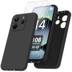 jrester Xiaomi Redmi Note 14 4G ile uyumlu kılıf (No para 5G/Pro/Pro Plus) 3 adet sertleştirilmiş cam koruyucu folyo, siyah, yumuşak sıvı silikon koruyucu kılıf, Xiaomi Redmi Note 14 4G için