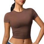 JTSONN Spor tişört, kadın, kısa kollu, nefes alır, fonksiyonel tişört, üst parça, koşu tişörtü, kompresyon tişörtü, bisiklet yaka, yoga, fitness, antrenman, jimnastik, koşu, Crop Top, Kahverengi, M
