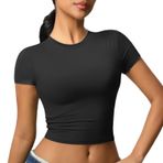 JTSONN Spor tişört, kadın, kısa kollu, nefes alır, fonksiyonel tişört, üst parça, koşu tişörtü, kompresyon tişörtü, bisiklet yaka, yoga, fitness, antrenman, jimnastik, koşu, Crop Top, Siyah, M