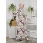 Jud Fashion Fırfırlı Çiçekli Elbise - 40 - Gri - Yeşil - Mor