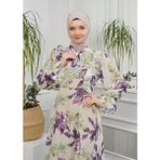Jud Fashion Fırfırlı Çiçekli Elbise - 44 - Gri - Yeşil - Mor