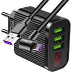Judas A9 Led Göstergeli Çoklu Şarj Adaptörü + J8 Type-C 90 Derece 5A/100W Şarj Kablosu -3mt - Siyah
