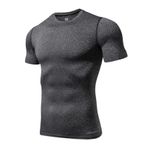 Jueshanzj Fitness Tişörtü dar kesim koşu fitness kıyafeti yuvarlak yaka kısa kollu streç antrenman kıyafeti, gri, 3XL