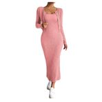 Jueshanzj İnce Elbise Halter Elbise Hırka İki Parçalı Takım Elbise, Pembe Kırmızı, S